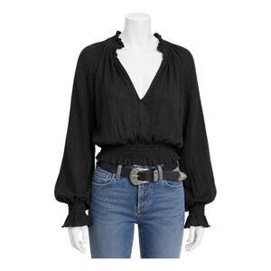 Free People One Smocked Peasant Boho Top Black Semi Sheer V Neck Small
